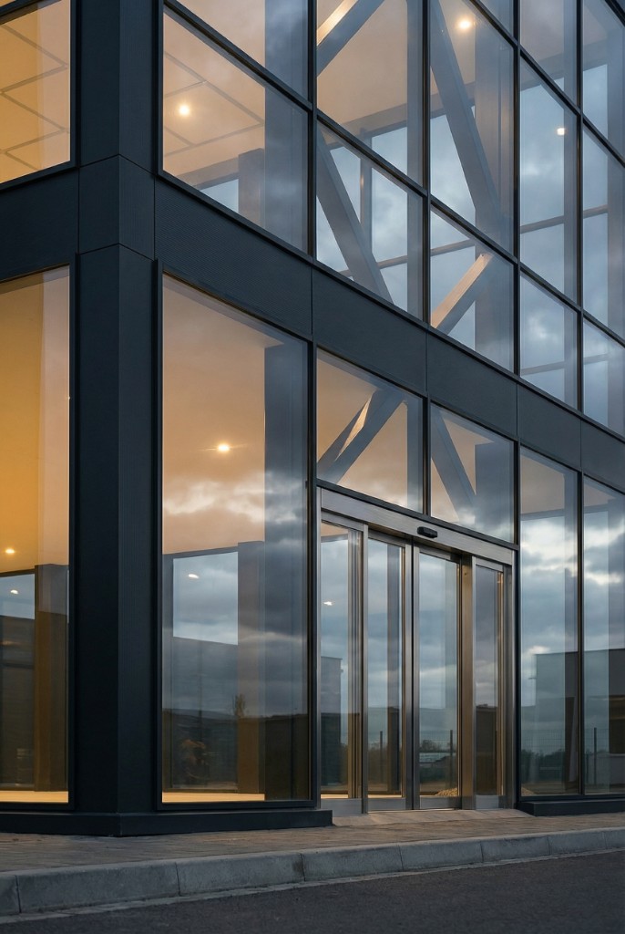 Fasadë moderne me xham dhe alumini